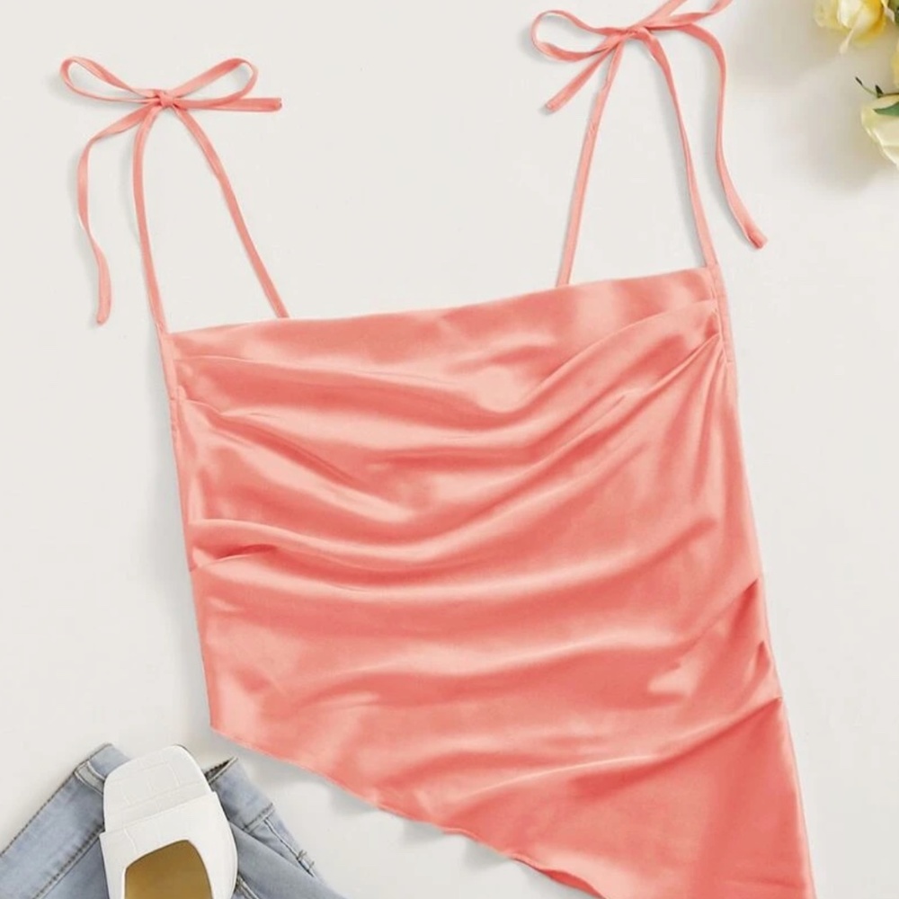 Coral Asymmetrical Hem Satin Tank Top with Bow Tie Straps